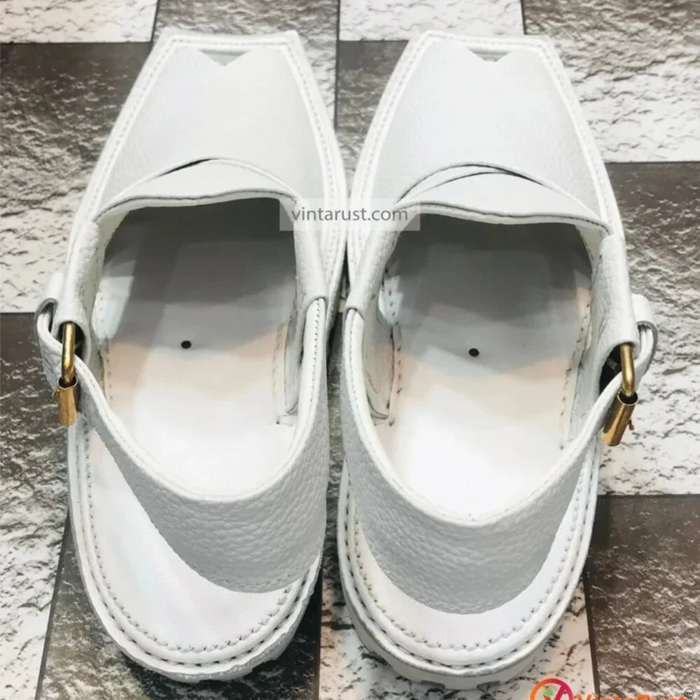 Premium White Peshawari Chappal, Handmade Pure Leather Kaptaan Chappal - Picture 3 of 6